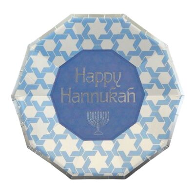 Assiettes de fête Happy Hanukkah (paquet de 10) - Bleu et argent