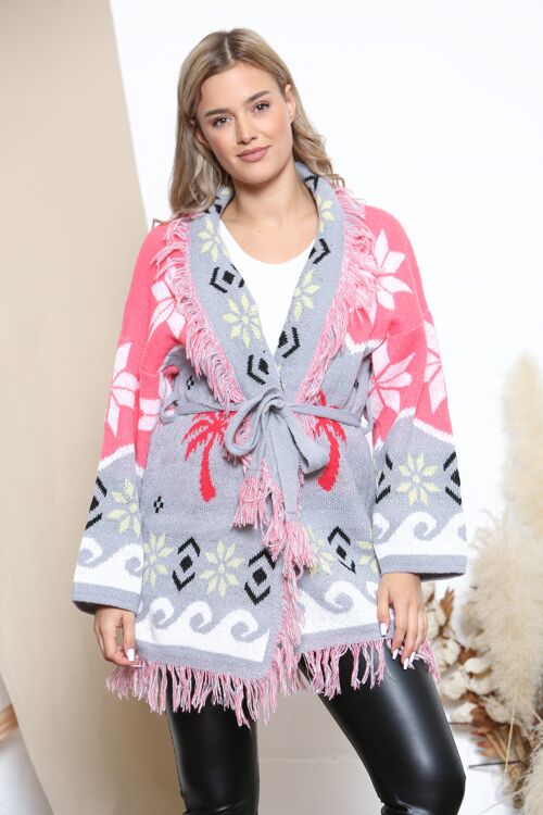 Pink Pattern tassel cardigan with waist tie