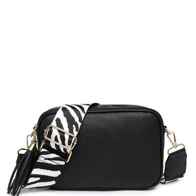 Stripe Print Strap, 2 Compartments bag, Ladies Cross Body Bag ,Shoulder bag , Adjustable Wide Strap, Autumn Colour , ZQ-070-5m black