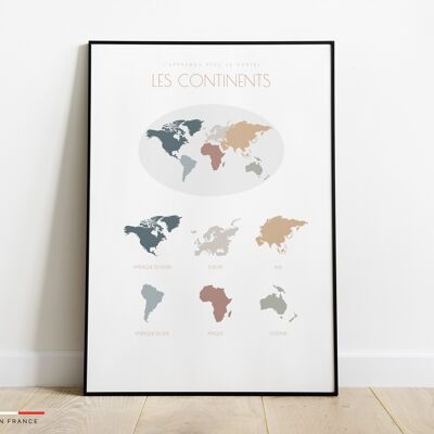 Affiche enfant pour apprendre les continents - Poster mural chambre enfant