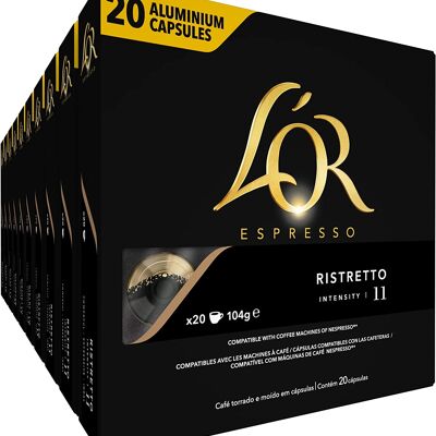 L'OR - CAFE RISTRETTO intensità nº11 - 200 capsule in alluminio compatibili con macchine Nespresso (10 scatole da 20 capsule)