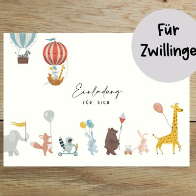 Set of 10 Twins Invitation Cards | Invitation for Twins | Children's birthday party - invitation with animals | Kids Invitation | DIN A6