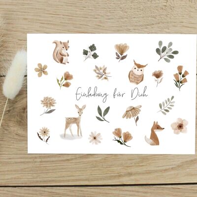 Set de 10 tarjetas de invitación cumpleaños infantil | Invitación con animales y flores | Invitaciones de cumpleaños para niños | Tarjetas de invitación para llenar
