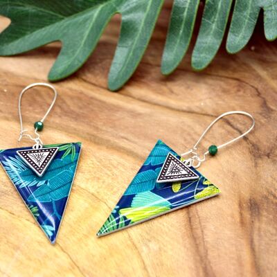 Triangle earrings with green, blue and silver tropical leaf pattern