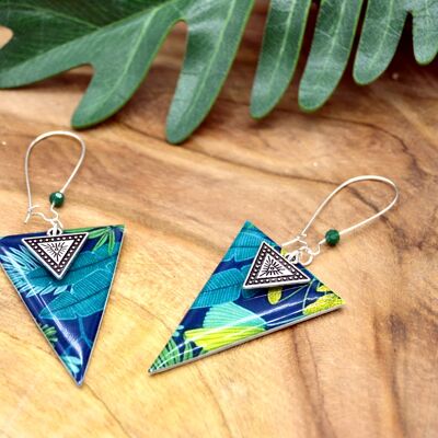 Orecchini a triangolo con motivo foglia tropicale verde, blu e argento