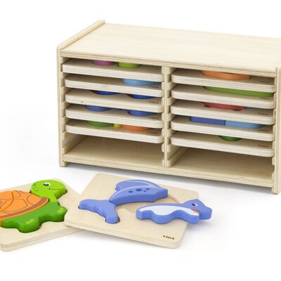 Handy Wooden Block Puzzles - 12 Piece Set with Storage Shelf
