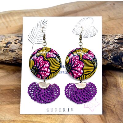 Pendientes con estampado de cera africana, joyería de resina, estampado de flores amarillas moradas con pompón