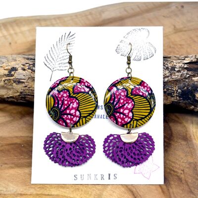 African wax print earrings resin jewelry purple yellow flower pattern with pompom