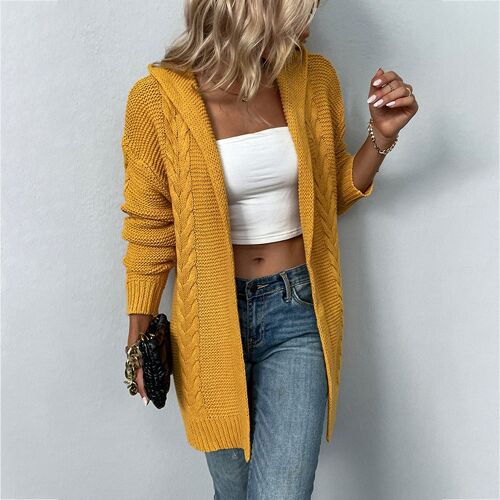 Hooded Solid Color Twist Knit Sweater Cardigan