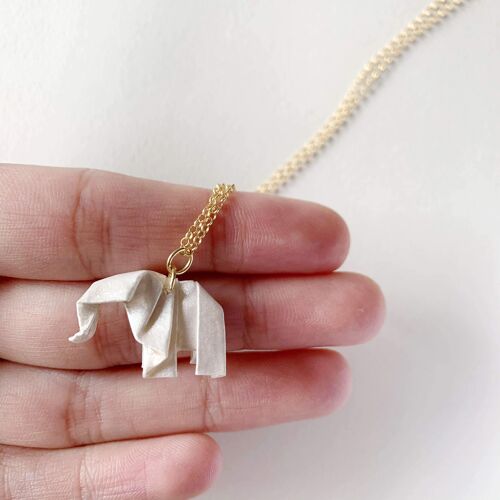.Classic Origami Elephant Silver Necklace. - White - Gold Plated Silver