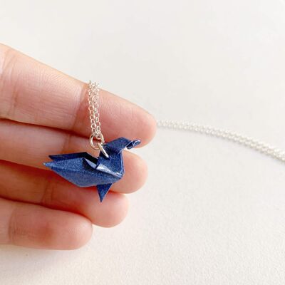 .Classic Origami Hummingbird Silver Necklace. - Dark Blue - Sterling Silver