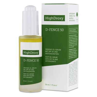 Flüssiger UV-Schutz D-FENCE 50 mit Antioxidantien und ultraleichten Pflegeölen.