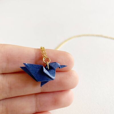 .Classic Origami Hummingbird Silver Necklace. - Dark Blue - Gold Plated Silver