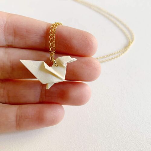 .Classic Origami Hummingbird Silver Necklace. - White - Gold Plated Silver