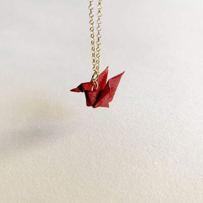 .Classic Origami Hummingbird Silver Necklace. - Dark Red - Gold Plated Silver
