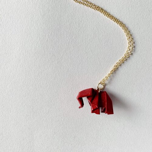.Classic Origami Elephant Silver Necklace. - Dark Red - Gold Plated Silver