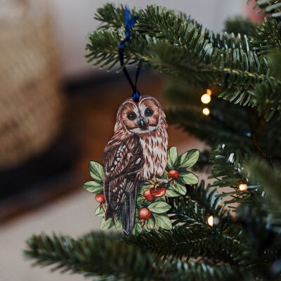 Owl Sustainable Wooden Watercolour Christmas Decoration