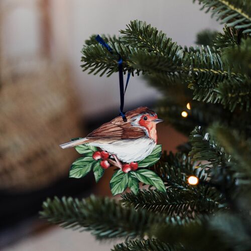 Robin Sustainable Wooden Watercolour Christmas Decoration