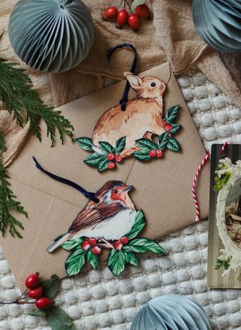 Décoration de Noël aquarelle en bois durable Robin 4