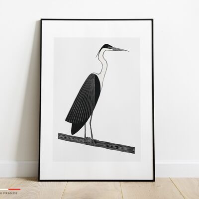 Affiche Héron noir et blanc - Poster animal vintage