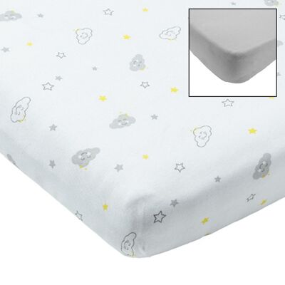 Lot de 2 draps housses 60x120 cm Nuage + Gris - Babycalin