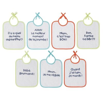 Set of 7 terry cloth bibs with messages Birth - Babycalin