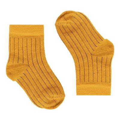 Chaussettes jaune moutarde à fines rayures bordeaux pour enfant