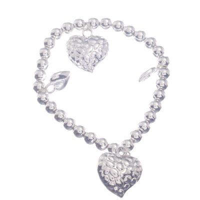 Silver Beaded Bracelet with Heart Charms