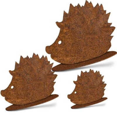 Patina decorative hedgehog set of 3 on base plate | Metal autumn decoration