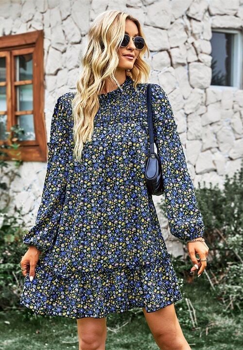 Ruffle Shirred Neck Floral Dress-Navy