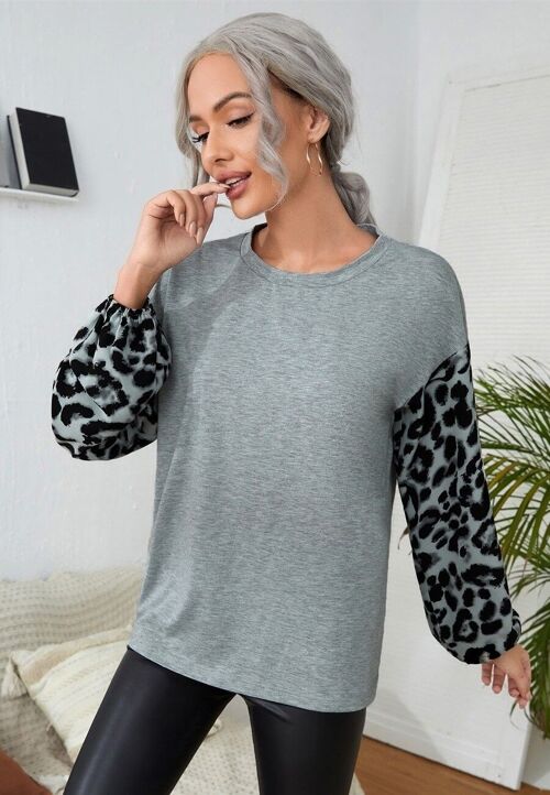 Two Tone Leopard Basic Sweatshirt-Gray