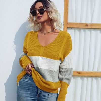 Suéter a rayas con detalle de trenza gruesa-Amarillo