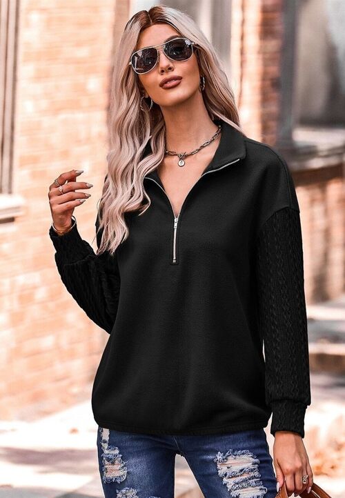 Cable Knit Sleeve Zip-Up Sweatshirt-Black
