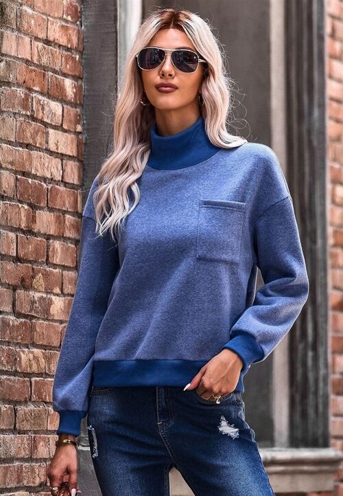 Turtleneck Patch Pocket Sweater-Blue