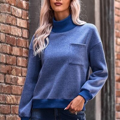 Turtleneck Patch Pocket Sweater-Blue