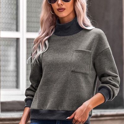 Turtleneck Patch Pocket Sweater-Gray