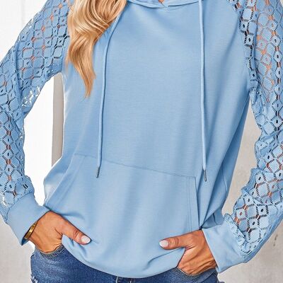 Dainty Lace Sleeve Hoodie-Blue