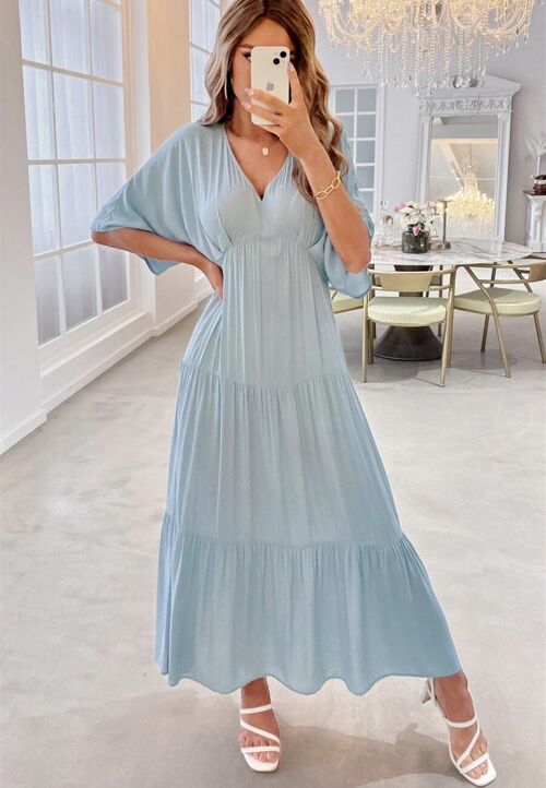 Plunge Neck Tiered Maxi Dress-Light Blue