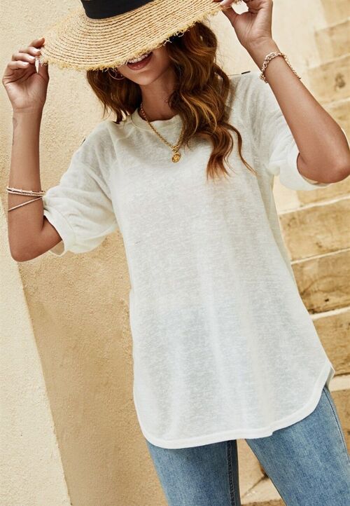 Contrast Button Puff Sleeve Shirt-White