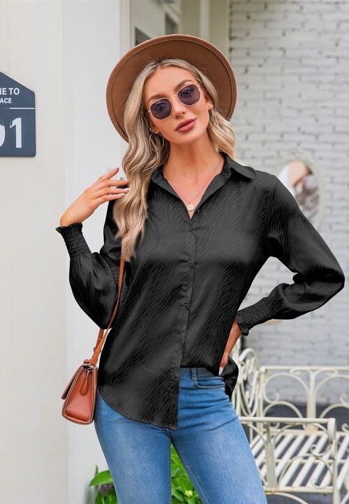 Animal Pattern Shirred Sleeve Shirt-Black