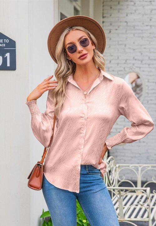 Animal Pattern Shirred Sleeve Shirt-Pink