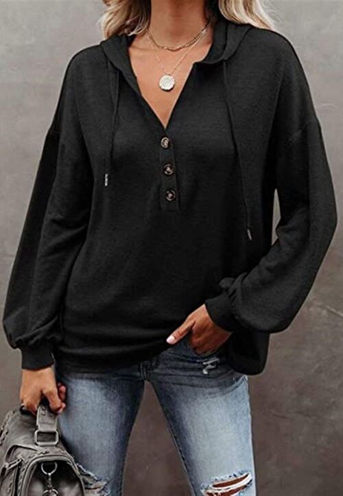 Button Detail Hooded Sweatshirt-Black