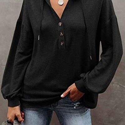 Button Detail Hooded Sweatshirt-Black