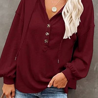 Button Detail Hooded Sweatshirt-Burgundy