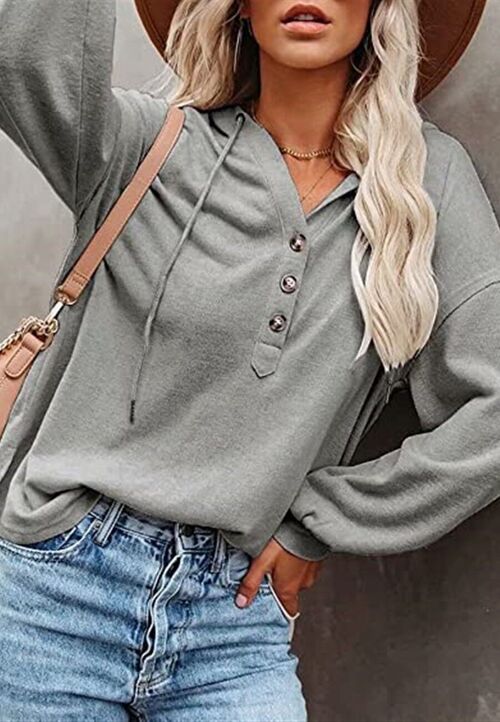 Button Detail Hooded Sweatshirt-Gray