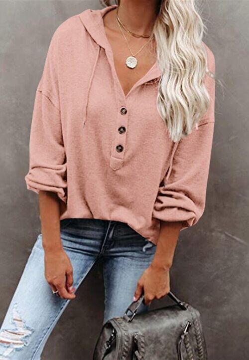 Button Detail Hooded Sweatshirt-Pink