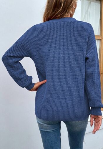 Pull en tricot à col en U découpé-Bleu 4