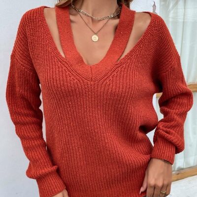 Suéter de punto con cuello en U recortado-Rojo rústico