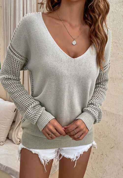 Textured Crochet Knit Sleeve Sweater-Gray