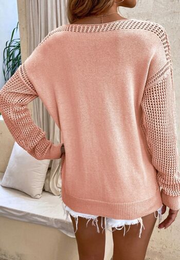 Pull à manches en tricot au crochet texturé-Rose mauve 3